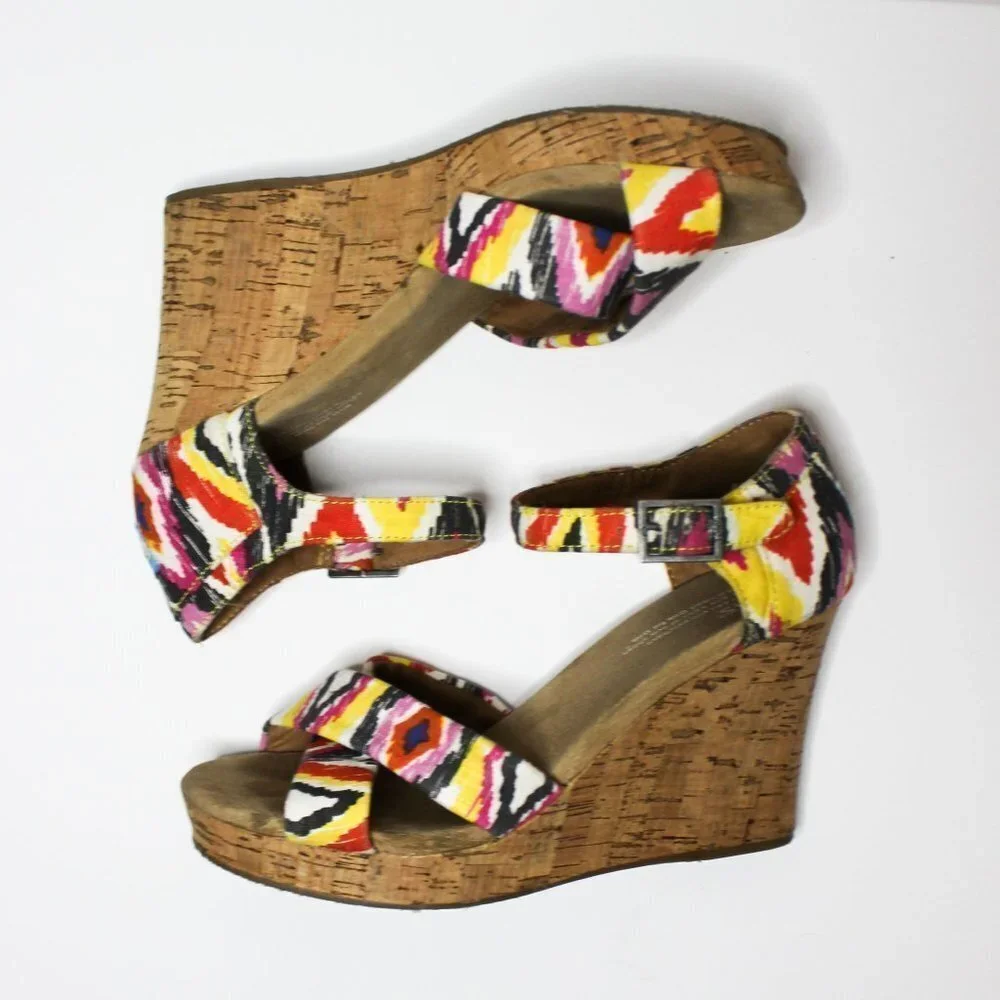 TOMS colorful Ikat‎ cork wedge sandal size 8.5